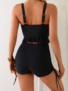 Swim Basics 女士黑色方领公主剪裁褶边和荷叶边分体比基尼套装，带侧抽绳