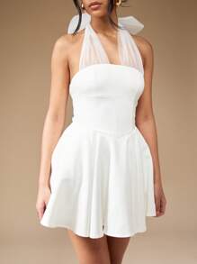 MISSGUIDED Mesh Halter Bow Tie Full Mini Dress Cute Sundress - White - View 6