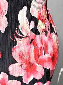 Aloruh 浪漫约会春夏细肩带修身褶皱黑色和粉色花卉印花女式连衣裙 - 彩色 - 查看 3