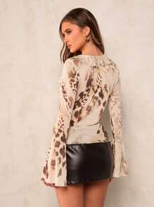 SHEIN BAE 女士前系带长袖印花休闲衬衫，度假 - 杏色 - 查看 2