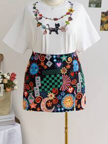 Soleia Plus Size Women Summer Satin Printed Front Slit Straight Fit Bodycon Skirt With Colorful Whimsical Sun Print, Vacation Style Christmas Clothes