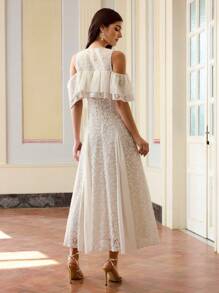 ZEYLAH Women's Mesh Ruffle Off Shoulder Lace Maxi Dress - White - View 7