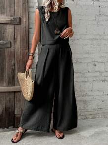 SHEIN LUNE Women's Simple Solid Color Sleeveless Vest And Long Pants Two-Piece Set - Black - View 3