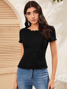 SHEIN EZwear Lettuce Trim Rib-knit Tee - Black - View 3