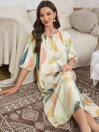 Serenescape 羽毛印花系带宽松女士睡袍