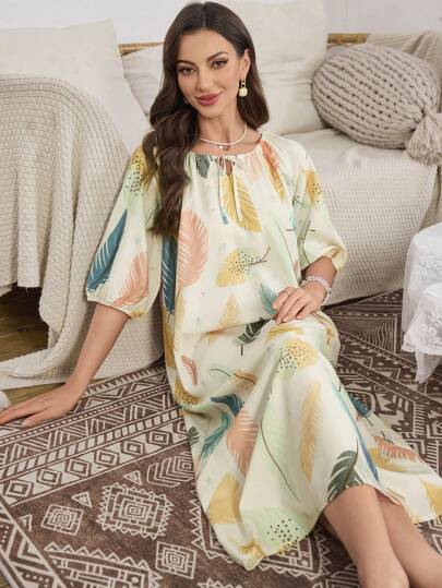 羽毛印花系带宽松女士睡袍