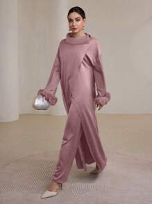 Graceveil 女士纯色喇叭袖网眼拼布上衣和裤子阿拉伯风格套装朴素 - 粉色 - 查看 6