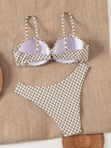 Swim Lushoire Conjunto de bikini de 2 piezas con tejido texturizado push up para mujeres, atuendo de verano para playa y vacaciones - Blanco y Negro - Ver 2