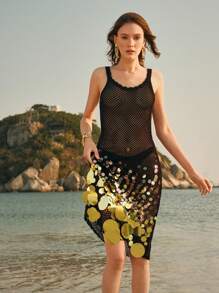 Anewsta Colorblock Handmade Sequin Embellished Dreamlike Slip Dress For Women, Suitable For Summer, Beach, Vacation, Elegant, Casual, Spring Break Outfits, Festival - Black - View 4