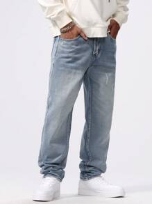 Manfinity EZcore 1pc Men's Button Front Pocket Simple Denim Jeans, Casual Everyday Wear Plain Long Washed Straight Leg Light Blue Cargo Jeans Light Jeans, For Husband, Boyfriend Gifts Going Out Hang Out Commute Work Urban