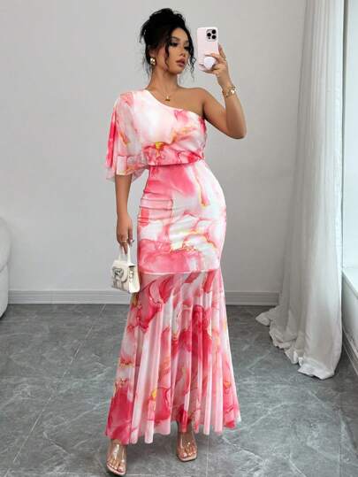 Elenzga Asymmetric Neck Elegant Vacation Spring/Summer Waist-Cinching Fitted Tie Dye Pink Mesh Fish Tail Dress