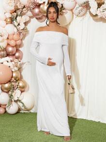 Loomaby Maternity Elegant Solid Off Shoulder Dress - Apricot - View 5