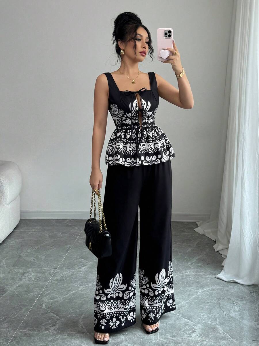 SHEIN Unity Bohemian Style Vacation Tank Top & Pants 2 Pieces Set For Women, Spring/Summer - Black - View 1