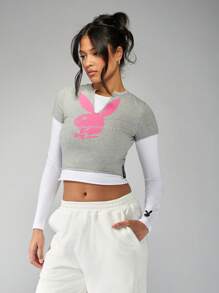 Missguided x Playboy 90 年代双层兔子印花修身 T 恤 - 灰色 - 查看 1