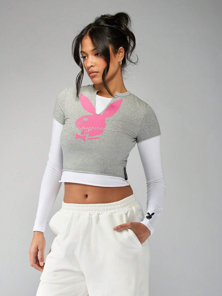 Missguided x Playboy 90 年代双层兔子印花修身 T 恤 - 灰色 - 查看 1