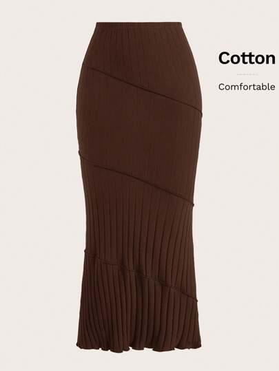 SHEIN EZwear Solid Mermaid Hem Ribbed Knit Skirt