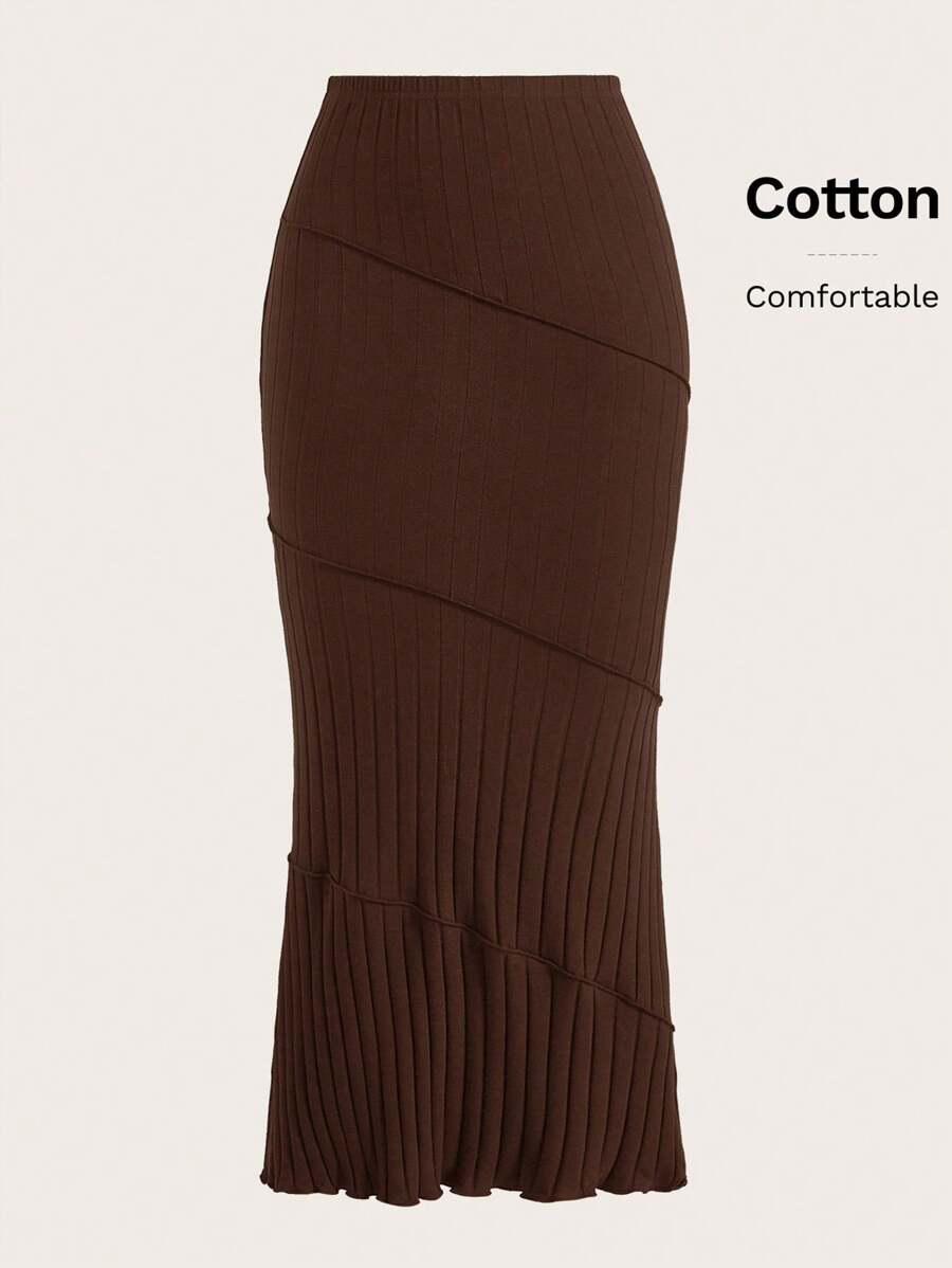 SHEIN EZwear 净色美人鱼下摆罗纹针织半身裙 - 巧克力棕 - 查看 1