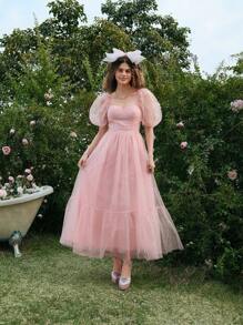 SHEIN MOD 粉色网眼水钻泡泡袖迷你连衣裙，适合舞会、派对、约会、情人节