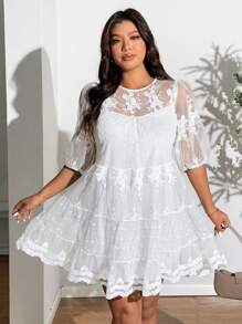 SHEIN Clasi Plus Size Elegant Lace Mesh Mid-Length Dress - White - View 5