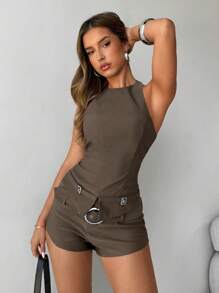 Aloruh Bộ 2 món áo hở cổ thanh lịch quyến rũ dành cho nữ kèm thắt lưng và quần short siêu ngắn, trang phục công sở màu đỏ tía - Màu Khaki - Xem 2