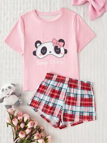 Conjunto de 2 piezas de short a cuadros y camiseta con estampado floral rosa para mujer, ropa de estar en casa casual y cómoda
