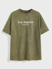 Manfinity Hypemode Camiseta holgada de manga caída mezcla de colores verde oliva con gráfico minimalista de Los Ángeles