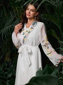 Al Najma Women's Elegant Embroidered & Beaded Long Bell Sleeve Coat With Camisole Dress Arabic Clothing Set, Spring/Summer - White - View 6