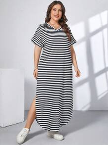 SHEIN Essnce Plus-Size Women's Casual Dress, Long Dress, Striped Short-Sleeved Summer Dress, 2 Pockets Summer Outfits For Women,Easter Dress - Black - View 5