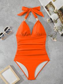 Swim Lushoire Women's Solid Color Ruched Halter One-Piece Swimsuit For Beach/Resort For Summer Beach Vacation
