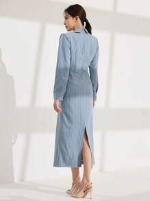 Modelyn 条纹荷叶边领连衣裙 - 藍色 - 查看 2