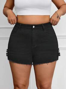 SHEIN EZwear 大码女式口袋磨损下摆可调节带扣设计休闲牛仔短裤 - 黑色 - 查看 3