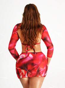 SHEIN Plus Size Women Tie-Dye Print Sexy Bikini Set With Coverup Shirt And Skirt, Holiday Beach Vacation For Summer - Multicolor - View 2