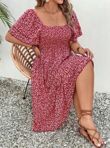 SHEIN Clasi Plus Size Women Ditsy Floral Off Shoulder Square Neck A-Line Ruffle Sleeve Dress - Red and White - View 5