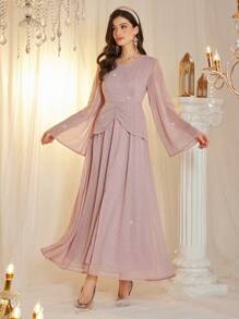 Modelyn Dam V-ringad Långärmad Slit Minimalistisk Elegant Klänning - Rosa - Visa 8