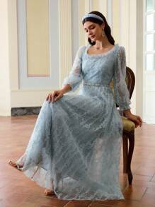 ZEYLAH Damen Pailetten-Stickerei Mesh Langes Kleid, minimalistische Mode Alltags-Lässig Wear - Babyblau - Übersicht 1