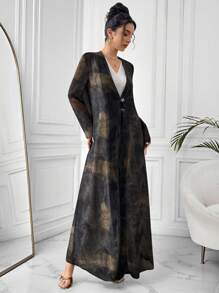 Yasmyna Women's  Elegantly Fade Multicolor, Tie-Dye Peint Long Sleeve Metal Button Cardigan Robe, Spring,, Abayas  Spring Break Outfits,Modest - Black - View 3