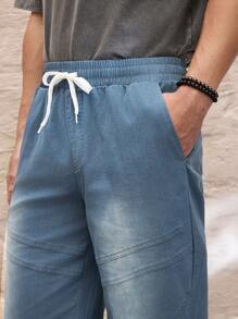 Manfinity VCAY Pantalones casuales de corte regular para hombre con efecto desteñido, parche y decoración desestructurada, pierna recta y relajada - Azul - Ver 6