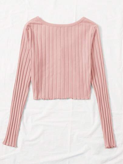 Camiseta tejida de canalé ribete en forma de lechuga con botón delantero