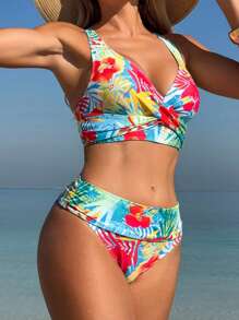 Swim Lushoire Women's Summer Beach Tropical Plant & Floral Print (Random Print) Knotted Shoulder Strap Tankini 2 Pieces Swimwear Set, Casual & Versatile, Suitable For Beach Vacation - Multicolor - View 5