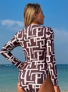 Swim SPRTY 1 pièce Maillot de bain une pièce ample avec imprimé asymétrique, manches longues, style sportif avec fermeture éclair, pour vacances pour femmes