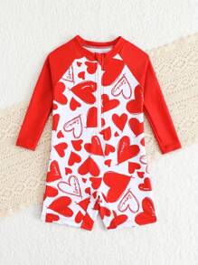 SHEIN Baby Girls' Heart Print Zip-Up Half Front Snap Long Sleeve Casual Swimsuit With Shorts - Multicolor - View 5