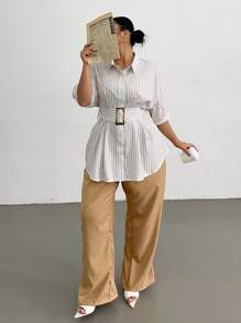 Flirla Plus Size Women Striped Print Collared Button Front Cinched Waist Waist Short Sleeve Casual Elegant Fitted Shirt, Spring/Summer - Apricot - View 3