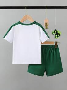 SHEIN Young Boy Casual Big Letter Print Patchwork Short Sleeve T-Shirt And Shorts Set, Spring/Summer