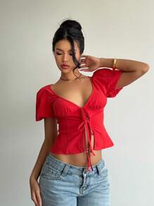 Aloruh Áo cánh thắt nơ cổ chữ V tay bồng ngọt ngào cho nữ, áo đỏ, trang phục thường ngày & nghỉ mát, xuân/hè - Đỏ - Xem 5