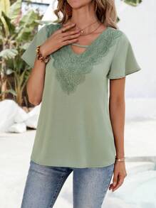 EMERY ROSE Women's Vacation Casual Solid Color Lace Patchwork Short Sleeve Shirt - Green - View 3