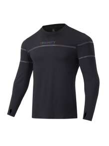 Gym Rark Camiseta deportiva de manga larga con tira reflectante y estampado de letras para hombres, camiseta de compresión para hombres - Negro - Ver 1