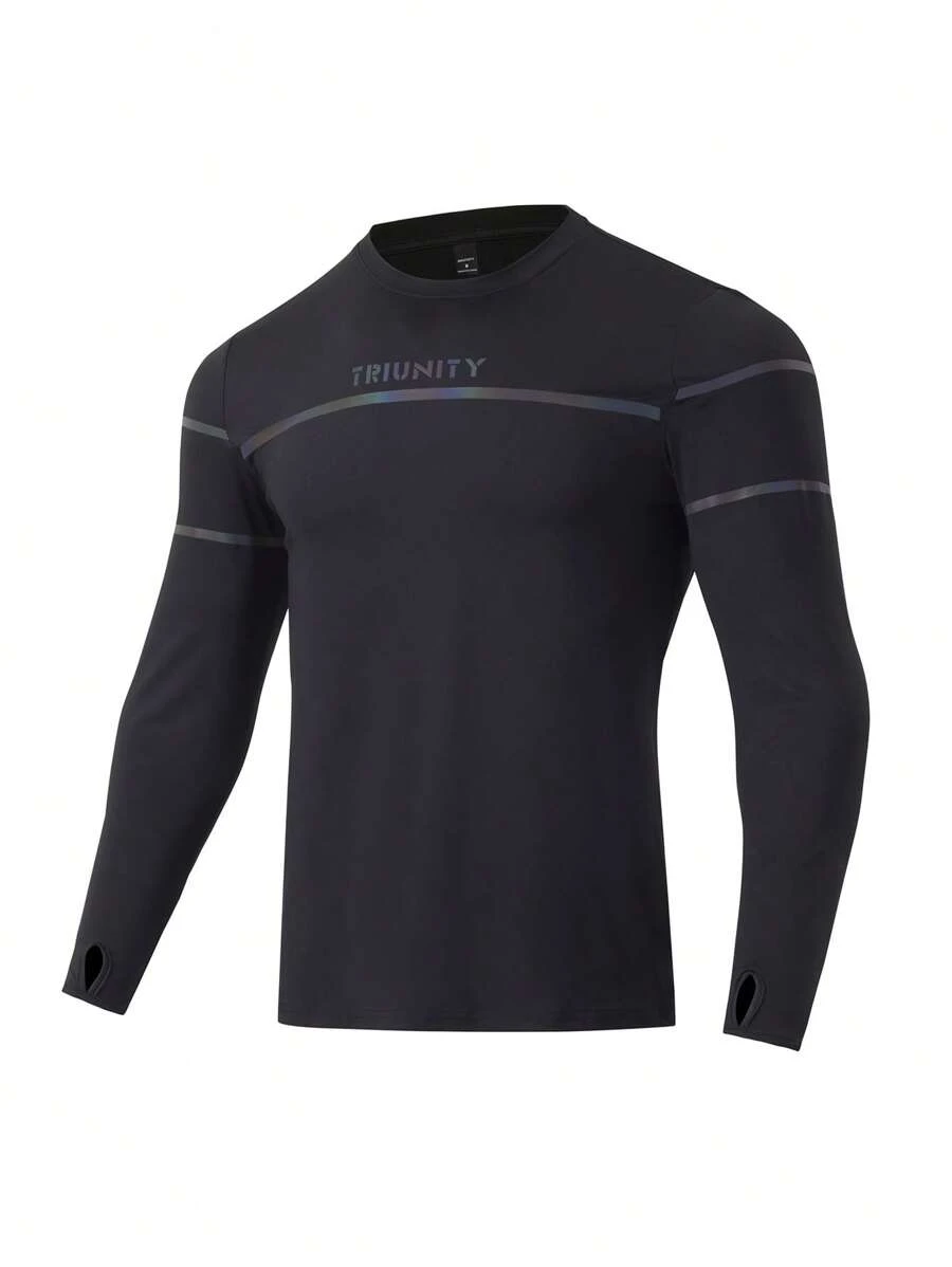 Gym Rark Camiseta deportiva de manga larga con tira reflectante y estampado de letras para hombres, camiseta de compresión para hombres - Negro - Ver 1