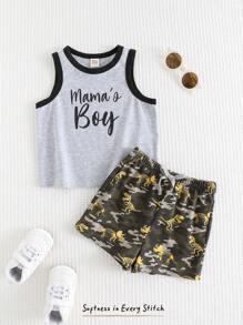 Cozy Pixies 2 件装男婴字母图案柔软针织无袖圆领上衣和松紧腰短裤套装