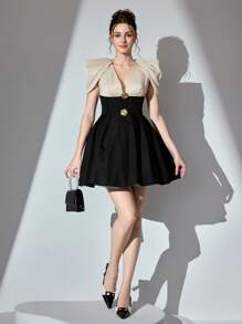 Poshira 女士优雅 V 领派对礼服，简约风格，婚礼宾客礼服，适合休闲日常穿着音乐节春夏，舞会礼服 - 彩色 - 查看 5