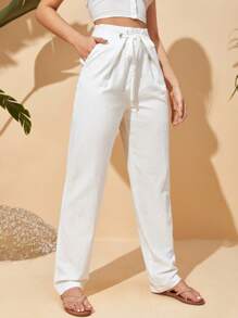 SHEIN VCAY Drawstring Waist Straight Leg Trousers - White - View 3